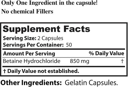 Dr. Clark Betaine HCL Digestive Enzymes - Acid Reflux Medicine, Hydrochloric Acid Protein Supplement, Optimal Digestion Formula, 100 Gelatin Capsules, 425 mg in Saudi Arabia