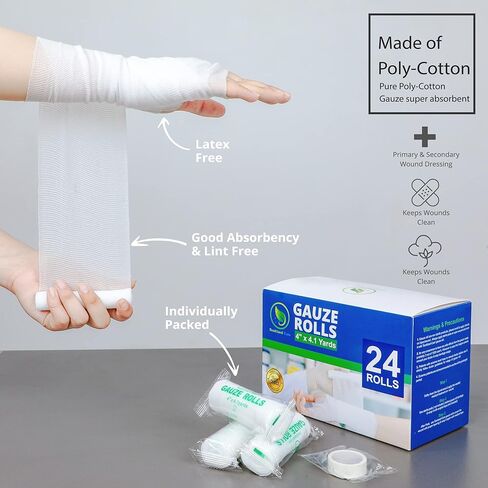 Gauze Rolls Individually Wrapped Pack of 72, 4 Inches x 4.1 Yards, Premium Quality Conforming Bandages with Bonus Medical Tape in Kuwait