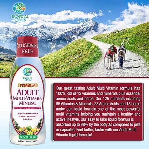 Tropical Oasis Adult Liquid Multivitamin -Liquid Multi-Vitamin and Mineral Supplement with 125 Total Nutrients Including; 85 Vitamins & Minerals, 23 Amino Acids, and 18 Herbs - 16 fl oz, 32 serv in Kuwait
