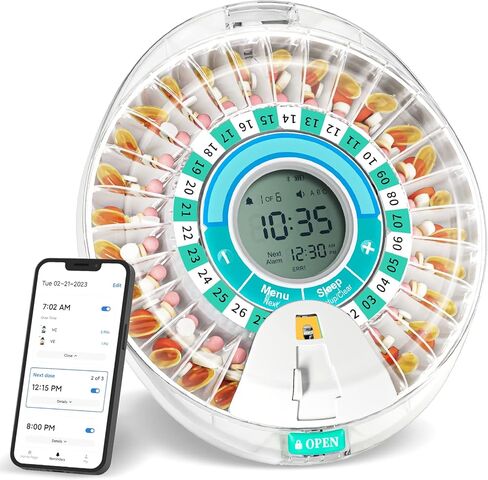 Smart Automatic Pill Dispenser - 28 Day Electronic Pill Organizer for Elderly with Alarm, Bluetooth Machine Dispenser for Prescriptions, Vitamins, Supplements, Timed Pill Dispenser Locked in Kuwait