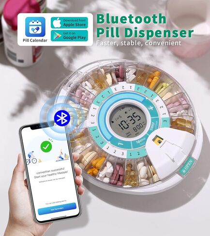 Smart Automatic Pill Dispenser - 28 Day Electronic Pill Organizer for Elderly with Alarm, Bluetooth Machine Dispenser for Prescriptions, Vitamins, Supplements, Timed Pill Dispenser Locked in Kuwait