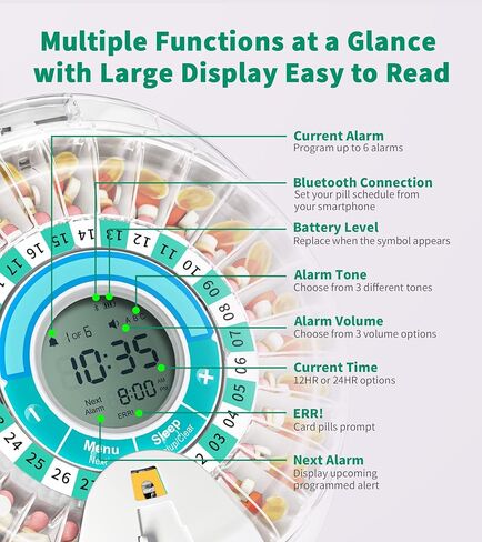 Smart Automatic Pill Dispenser - 28 Day Electronic Pill Organizer for Elderly with Alarm, Bluetooth Machine Dispenser for Prescriptions, Vitamins, Supplements, Timed Pill Dispenser Locked in Kuwait