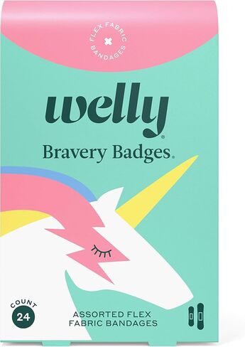 Welly Bandages Refill Pack - Bravery Badges, Adhesive Flexible Fabric, Standard Shapes, Unicorn Patterns - 24 Count, 4 Pack in Kuwait