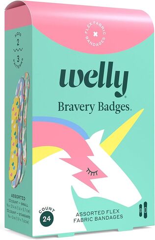 Welly Bandages Refill Pack - Bravery Badges, Adhesive Flexible Fabric, Standard Shapes, Unicorn Patterns - 24 Count, 4 Pack in Kuwait