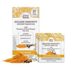مزيج مشروب GuruNanda Golden Immunity الفوري مع الكركم والفلفل الأسود - غني بمضادات الأكسدة لدعم الجهاز المناعي وصحة الجهاز الهضمي - أكياس بنكهة الزعفران واللوز أثناء التنقل (30 قطعة) in Kuwait