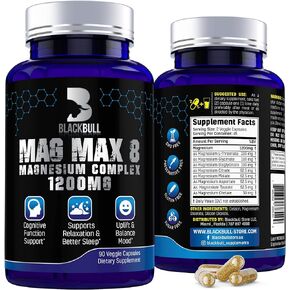 بلاك بول ماجماكس مركب مغنيسيوم 1200 مجم -90 كبسولة | إل-ثريونات، جليسينات، سيترات، تشيلات، بيسجليسينات، مالات، أسبارتات، تورات | الهدوء والنوم in Kuwait
