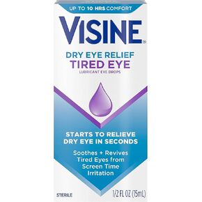 Visine Dry Eye Relief Tired Eye Lubricant Eye Drops, Moisturizing & Soothing Sterile Drops for Irritated, Dry & Tired Eyes Due to Screen Time Irritation, Polyethylene Glycol, 0.5 fl. Oz (Pack of 3) in Kuwait