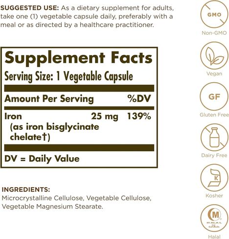 Solgar Gentle Iron (بيسجليسينات الحديد) 25 مجم - 90 كبسولة نباتية - لا تسبب الإمساك، لطيف على معدتك - خالي من الغلوتين - 90 وجبة in Saudi Arabia