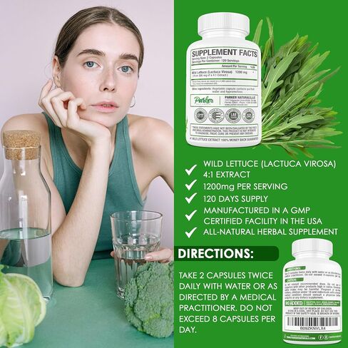 Wild Lettuce Capsules, 1200mg Herbal Sleep Supplement with 4:1 Wild Lettuce Extract, Lactuca Virosa Natural Sleep Support Supplement, 120 Capsules in Kuwait
