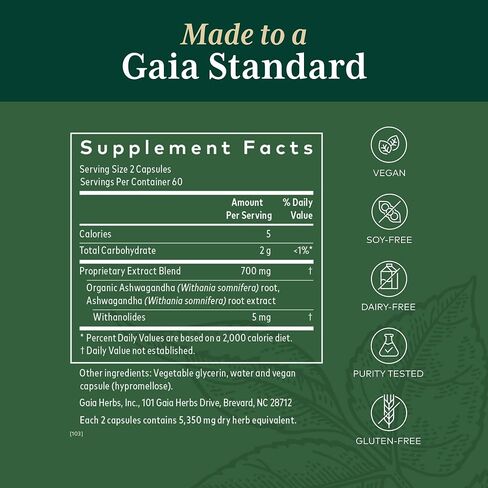 Gaia PRO Ashwagandha 700 - مكمل عشبي لتخفيف التوتر والتوتر - دعم النوم - مع مستخلص جذر وجذور أشواغاندا العضوية - 120 كبسولة نباتية سائلة (60 حصة) in Saudi Arabia