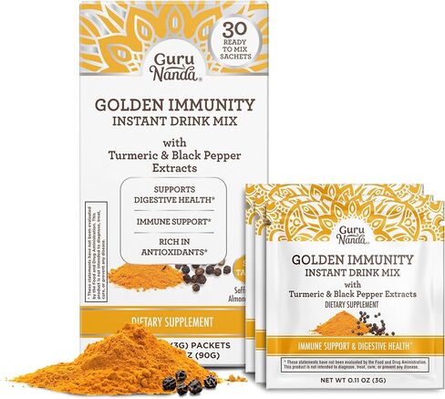 مزيج مشروب GuruNanda Golden Immunity الفوري مع الكركم والفلفل الأسود - غني بمضادات الأكسدة لدعم الجهاز المناعي وصحة الجهاز الهضمي - أكياس بنكهة الزعفران واللوز أثناء التنقل (30 قطعة) in Kuwait