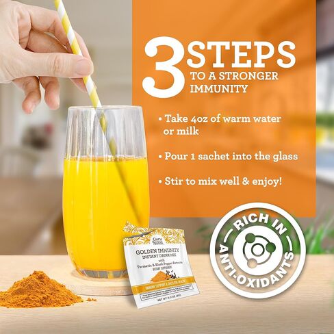مزيج مشروب GuruNanda Golden Immunity الفوري مع الكركم والفلفل الأسود - غني بمضادات الأكسدة لدعم الجهاز المناعي وصحة الجهاز الهضمي - أكياس بنكهة الزعفران واللوز أثناء التنقل (30 قطعة) in Kuwait