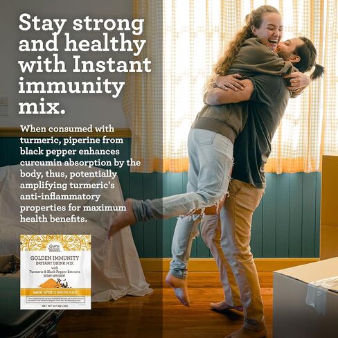 مزيج مشروب GuruNanda Golden Immunity الفوري مع الكركم والفلفل الأسود - غني بمضادات الأكسدة لدعم الجهاز المناعي وصحة الجهاز الهضمي - أكياس بنكهة الزعفران واللوز أثناء التنقل (30 قطعة) in Kuwait