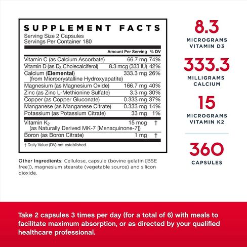 Jarrow Formulas BoneUp - 360 Capsules - Micronutrient Formula for Bone Health - Includes Natural Sources of Vitamin D3 , Vitamin K2 ( as MK-7 ) & Calcium - 180 Servings Packaging may vary in Saudi Arabia
