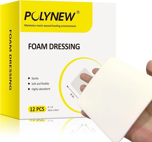 ضمادات إسفنجية من بولينيو 12 عبوة، 10.16 سم × 10.16 سم، هيدروفيليك، شديدة الامتصاص - وسائد ناعمة غير لاصقة، لجروح القرح in Kuwait
