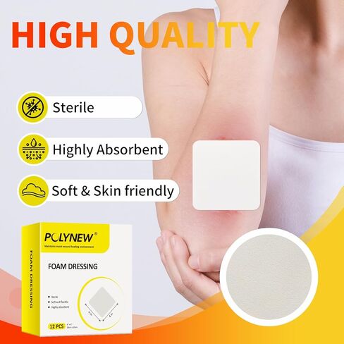 ضمادات إسفنجية من بولينيو 12 عبوة، 10.16 سم × 10.16 سم، هيدروفيليك، شديدة الامتصاص - وسائد ناعمة غير لاصقة، لجروح القرح in Kuwait
