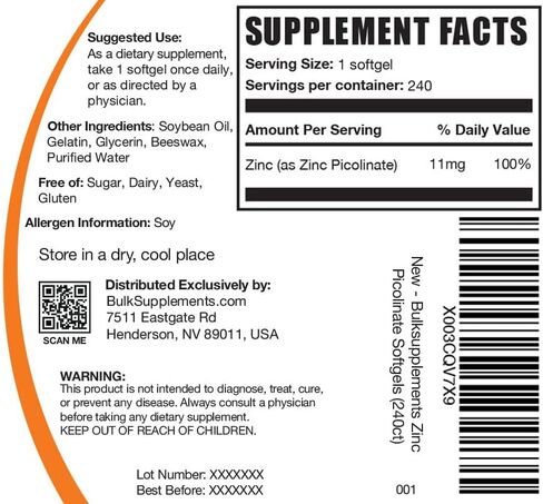 BulkSupplements.com كبسولات هلامية بيكولينات الزنك - مكملات الزنك، 11 مجم، كبسولات الزنك - كبسولات هلامية زنك لدعم المناعة، خالية من الغلوتين - 1 كبسولة هلامية لكل وجبة، 240 كبسولة هلامية in Saudi Arabia
