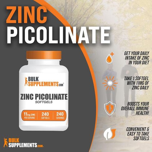 BulkSupplements.com كبسولات هلامية بيكولينات الزنك - مكملات الزنك، 11 مجم، كبسولات الزنك - كبسولات هلامية زنك لدعم المناعة، خالية من الغلوتين - 1 كبسولة هلامية لكل وجبة، 240 كبسولة هلامية in Saudi Arabia