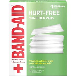 Johnson & Johnson Large Hurt-Free Non-Stick Pads, Triple Layer Pads, Sterile and individually Wrapped, Measures 3" x 4", Box of 10 in Kuwait