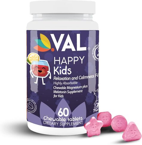 VAL Kids Melatonin Plus Magnesium, B6, Vitamin C, Bedtime Routine Supplement, Sleep Support for Kids 4+, Drug Free, Sugar Free, Natural Blueberry Yogurt Flavor, 60 Chew Tabs in Saudi Arabia