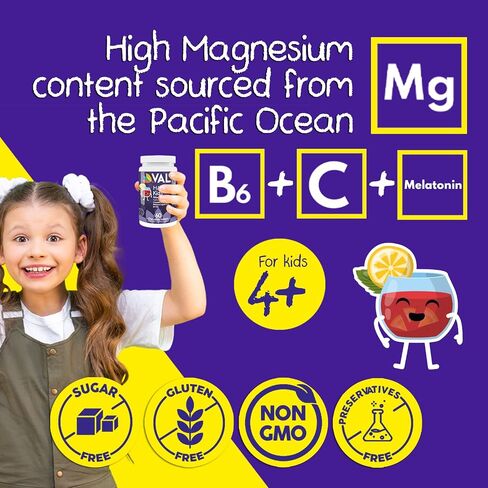 VAL Kids Melatonin Plus Magnesium, B6, Vitamin C, Bedtime Routine Supplement, Sleep Support for Kids 4+, Drug Free, Sugar Free, Natural Blueberry Yogurt Flavor, 60 Chew Tabs in Saudi Arabia