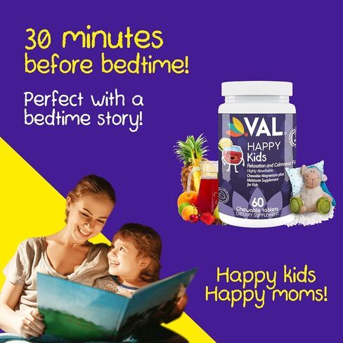 VAL Kids Melatonin Plus Magnesium, B6, Vitamin C, Bedtime Routine Supplement, Sleep Support for Kids 4+, Drug Free, Sugar Free, Natural Blueberry Yogurt Flavor, 60 Chew Tabs in Saudi Arabia