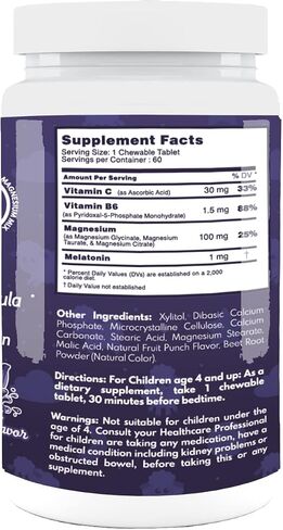 VAL Kids Melatonin Plus Magnesium, B6, Vitamin C, Bedtime Routine Supplement, Sleep Support for Kids 4+, Drug Free, Sugar Free, Natural Blueberry Yogurt Flavor, 60 Chew Tabs in Saudi Arabia