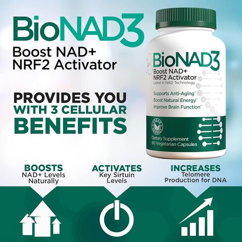 BioNAD3 NAD + الداعم | منشط NRF2 | مكمل مضاد للشيخوخة | معزز النيكوتيناميد ريبوسيد المثبت | منشط أيضي | يعزز NAD+ والطاقة الطبيعية | صديق للنباتيين | غير معدل وراثيًا | 60 كبسولة in Kuwait