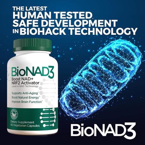 BioNAD3 NAD + الداعم | منشط NRF2 | مكمل مضاد للشيخوخة | معزز النيكوتيناميد ريبوسيد المثبت | منشط أيضي | يعزز NAD+ والطاقة الطبيعية | صديق للنباتيين | غير معدل وراثيًا | 60 كبسولة in Kuwait
