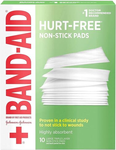 Johnson & Johnson Large Hurt-Free Non-Stick Pads, Triple Layer Pads, Sterile and individually Wrapped, Measures 3" x 4", Box of 10 in Kuwait