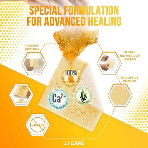 ضمادة ألجينات الكالسيوم والعسل من JJ CARE [عبوة من 10]، وسادات للعناية بالجروح بعسل مانوكا 2 × 2، رقع عسل طبية من الدرجة الطبية، تضميد جروح خالية من اللاتكس، معقمة ومعبأة بشكل فردي in Saudi Arabia
