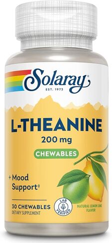 SOLARAY L Theanine 200mg، دعم المزاج الصحي ومكمل التركيز مع فيتامين ب 6، نكهة الليمون الطبيعي الخالية من السكر، تم التحقق منه معمليًا، ضمان لمدة 60 يومًا، 30 وجبة، 30 لترًا من الثيانين للمضغ in Kuwait
