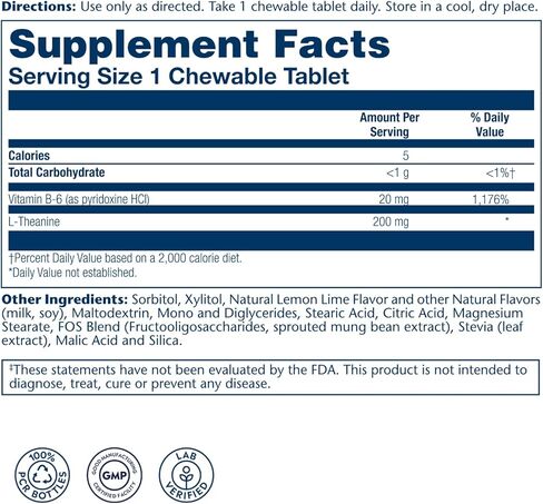 SOLARAY L Theanine 200mg، دعم المزاج الصحي ومكمل التركيز مع فيتامين ب 6، نكهة الليمون الطبيعي الخالية من السكر، تم التحقق منه معمليًا، ضمان لمدة 60 يومًا، 30 وجبة، 30 لترًا من الثيانين للمضغ in Kuwait