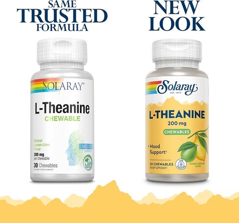 SOLARAY L Theanine 200mg، دعم المزاج الصحي ومكمل التركيز مع فيتامين ب 6، نكهة الليمون الطبيعي الخالية من السكر، تم التحقق منه معمليًا، ضمان لمدة 60 يومًا، 30 وجبة، 30 لترًا من الثيانين للمضغ in Kuwait