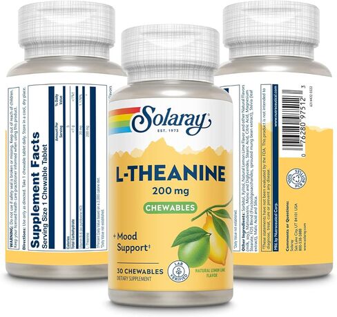 SOLARAY L Theanine 200mg، دعم المزاج الصحي ومكمل التركيز مع فيتامين ب 6، نكهة الليمون الطبيعي الخالية من السكر، تم التحقق منه معمليًا، ضمان لمدة 60 يومًا، 30 وجبة، 30 لترًا من الثيانين للمضغ in Kuwait