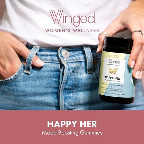 WINGED Happy Her Mood Gummies | Happy Mind & Positive Feelings | Clinically-studied Saffron Extract, Lion’s Mane, Lemon Balm, Vitamin D, L-Tyrosine & Chaste Tree Extracts | Cherry Berry Flavor (42ct) in Saudi Arabia