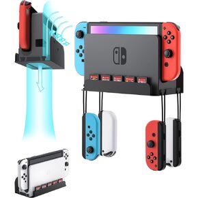 ZAONOOL حامل جداري لجهاز نينتندو سويتش وسويتش OLED، مجموعة أدوات تثبيت معدنية على الحائط مع 5 حاملات بطاقات ألعاب و4 شماعات Joy Con، وحدة تحكم للتخزين الآمن بالقرب من التلفزيون أو خلفه، أسود
