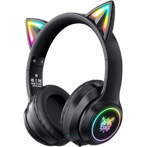 Bluetooth Cat Ear Headphones for Kids, Wireless & Wired Mode Foldable Headset with Mic, RGB LED Light, for Girls School Gaming, Compatible with Mobile Phones PC Tablet