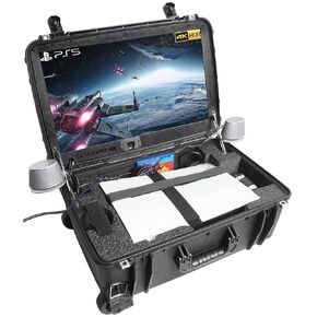 محطة ألعاب Case Club 4K لتناسب جهاز PlayStation 5. تأتي مع شاشة مدمجة مقاس 24 بوصة بدقة 4K ومراوح تبريد ومكبرات صوت. تناسب جهاز PS5 (القرص أو الرقمي)، وأجهزة التحكم والألعاب (جهاز PS5 غير متضمن)