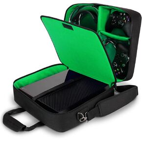 USA GEAR Console Carrying Case - Xbox Travel Bag Compatible with Xbox One and Xbox Series S with Water Resistant Exterior and Accessory Storage for Xbox Controllers, Cables, Gaming Headsets - Black