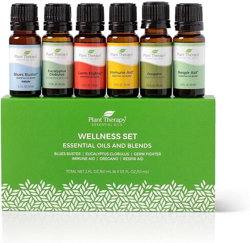 Plant Therapy Wellness Essential Oil Gift Set 10 mL (1/3 oz) Each Set Includes: Germ Fighter, Immune-Aid, Respir-Aid, Blues Buster, Eucalyptus and Oregano in Saudi Arabia
