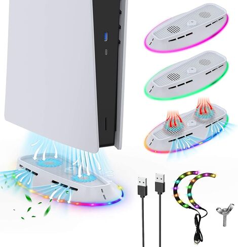 حامل مروحة تبريد PS5 مع ضوء RGB لإصدار القرص الرقمي PS5، محطتي تبريد قابلتين للتعديل لوحدة التحكم Playstation 5، مبرد مضيف PS5 مع قاعدة تبريد شريط إضاءة LED، ملحقات PS5 in Kuwait