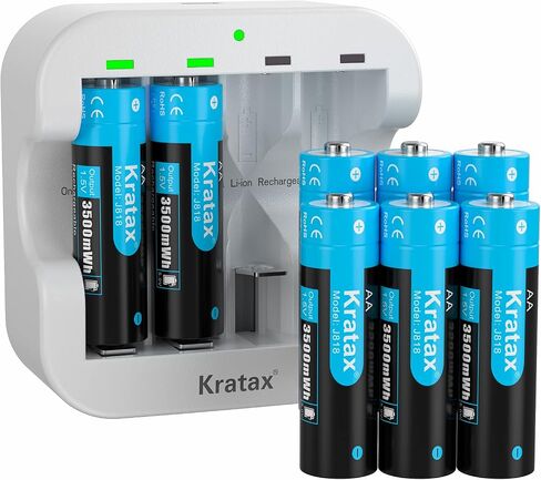 Kratax Lithium Batteries AA Rechargeable 4 Count 1.5V 3500mWh Li-ion Rechargeable Batteries with 2H Battery Charger, 1600 Cycles Long-Lasting, Constant Voltage Output for XBox Controller, Electric Toy in Kuwait