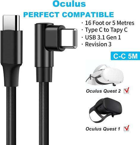 ZUPIHOW VR Link Cable (16FT/5m) Compatible for Oculus Quest 2/Pro/1,VR Headset Cable Accessories for Steam VR Games, USB 3.2 Gen 1 Type C to C High Speed Data Transfer Cord for Gaming PC (Black) in Saudi Arabia