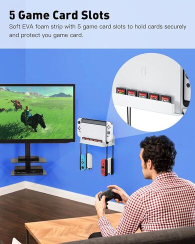 Wall Mount for Nintendo Switch 1 and Switch OLED, Metal Wall Mount Shelf Kit with 5 Game Card Holders and 4 Joy Con Hooks, Safely Store Switch Console Near or Behind TV, Black in Kuwait