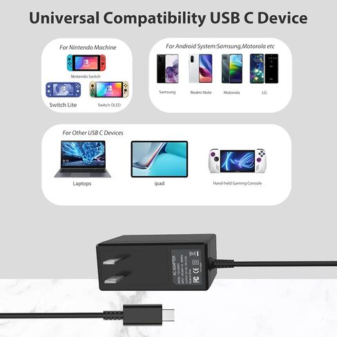 VGAME Switch Charger for Nintendo Switch/Switch OLED/Switch Lite - Fully Charged AC Power Supply Within 2.5H with 5FT USB C Cable, Compatible Android Phone and Switch Dock (Black) in Saudi Arabia