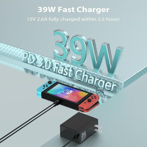 VGAME Switch Charger for Nintendo Switch/Switch OLED/Switch Lite - Fully Charged AC Power Supply Within 2.5H with 5FT USB C Cable, Compatible Android Phone and Switch Dock (Black) in Saudi Arabia