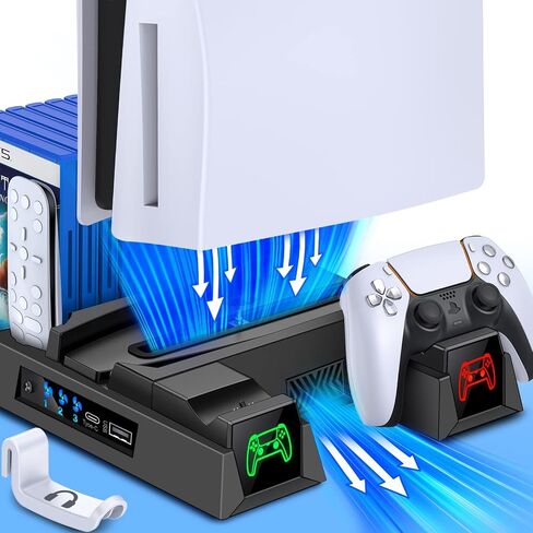 حامل تبريد RGB مع مروحة تبريد ومحطة شاحن وحدة تحكم مزدوجة للبلاي ستيشن 5، محطة تبريد ملحقات مطورة لأقراص وحدة التحكم PS5 والإصدار الرقمي، حامل سماعة الرأس/6 فتحات ألعاب/برغي in Kuwait