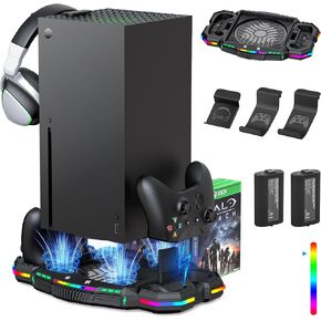 Wiilkac Vertical Cooling Fan Stand and Dual Controller Charging Station for Xbox Series X with RGB Color Lights/USB Ports, 3-Level Fan Cooling System with 2 x 1400 mAh Rechargeable Battery in Kuwait