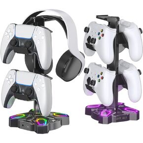 KDD Gaming RGB Headphones Stand, Rotatable Headset Stand with 9 Light Modes - Controller Holder with 2 USB Charging Ports and 3.5mm - Earphone Hanger Accessories for Desktop Gamer(Black) in Saudi Arabia